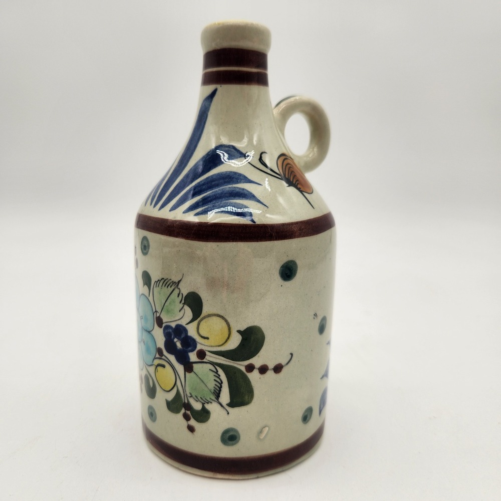 Vintage Tonala Mexico Hand Made Hand Painted Ceramic Jug‎ Folk Art Floral Design